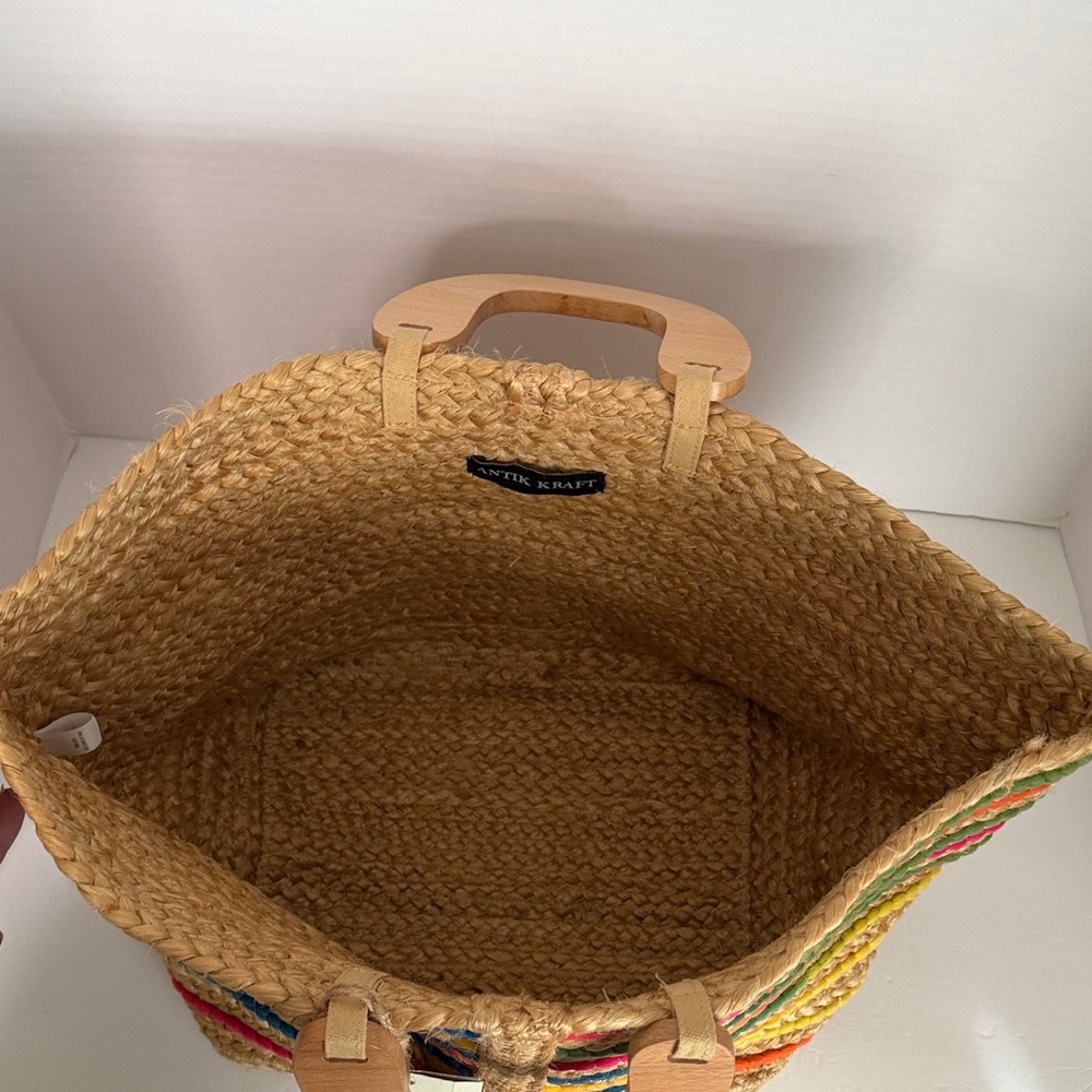 Antik Kraft Handwoven Jute Tote with Colorful Stripe Accents NWT - Picture 9 of 16